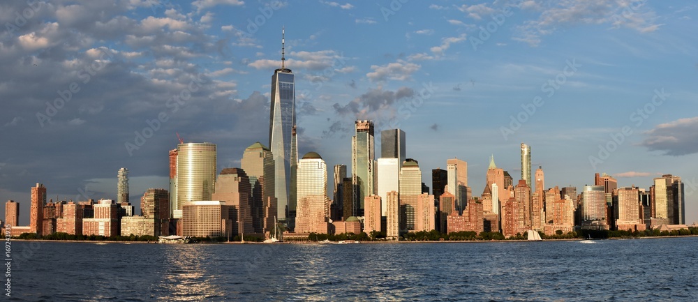 The Freedom Tower, World Financial Center, and the skyline of downtown Manhattan from Jersey City.