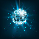 Blue Disco Ball with Light Rays. Glitter Shiny Background
