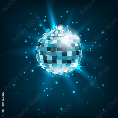 Blue Disco Ball with Light Rays. Glitter Shiny Background