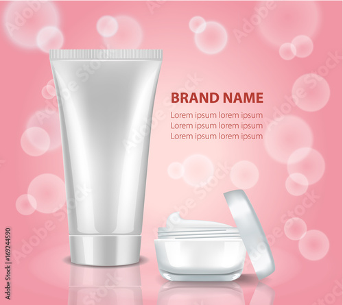 Beauty Care Products Package on the pink background with water bubbles. Mock up cosmetic bottle and tube for cream, gel, liquid, shampoo, foam. 3D Realistic Vector illustration for design, template