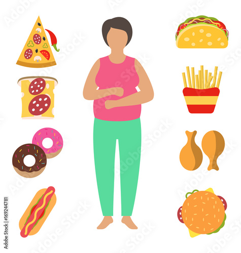 Fat Woman. Problem with Excess Weight Due to Wrong Diet. Fast Food Obesity