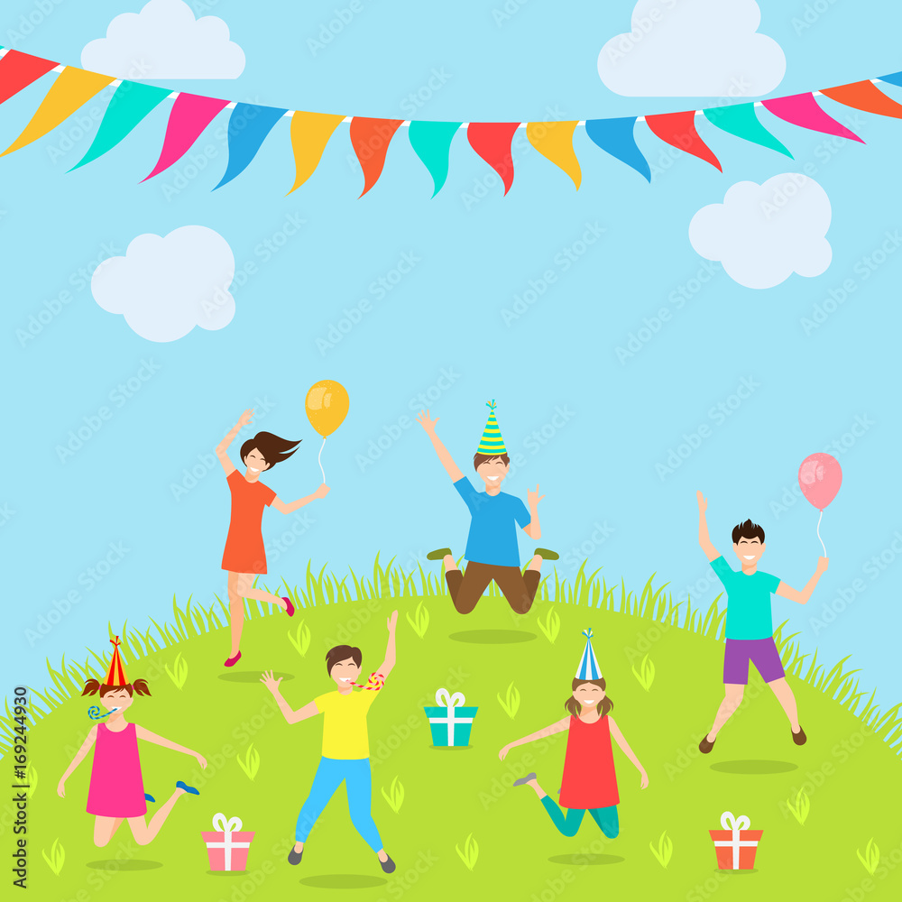 Children Have Fun Party. Amusement Park. Active Kids Jumping Children Have Fun Party. Amusement Park. Active Kids Jumping