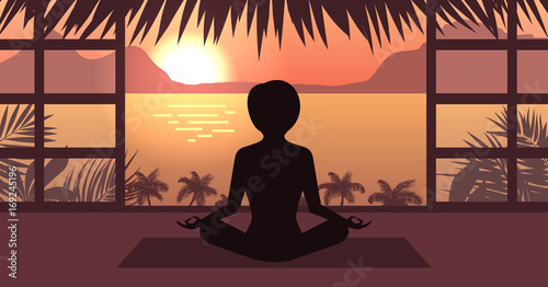 Woman Meditating in Pose Lotus, Sunrise or Sunset, Sea, Mountain and Palm Trees, Home Interior