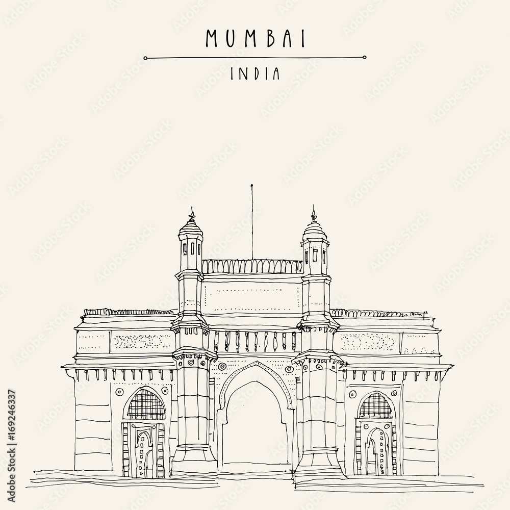 Gateway of India in Mumbai (Bombay) hand drawn postcard