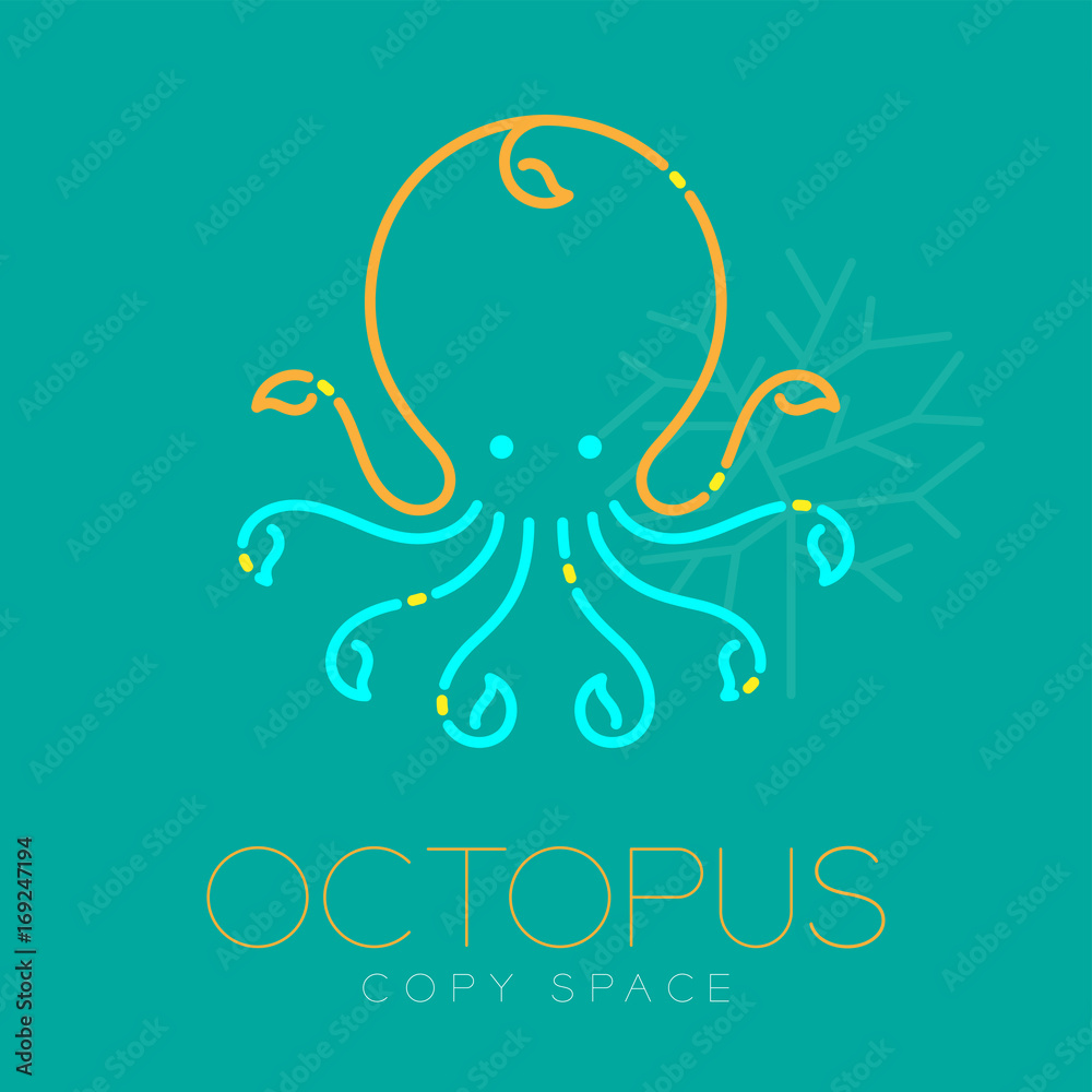 Octopus and Coral logo icon outline stroke set dash line design illustration blue orange and yellow color isolated on green turquoise background with Octopus text and copy space, vector eps10