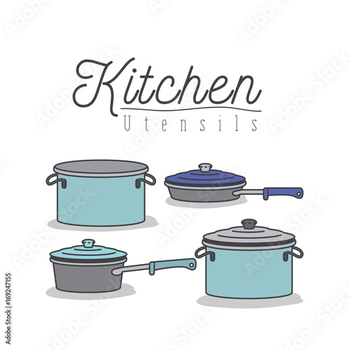 white background with colorful set of kitchen pots and pans with lids kitchen utensils photo