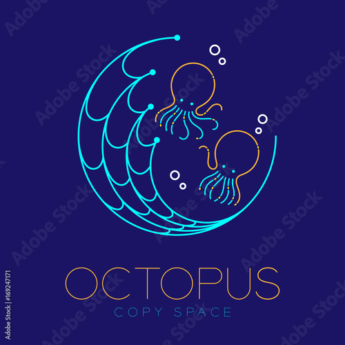 Octopus, Fishing net circle shape and Air bubble logo icon outline stroke set dash line design illustration isolated on dark blue background with Octopus text and copy space