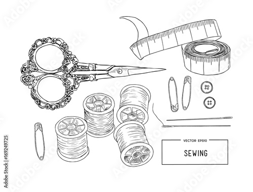 Color set of objects for sewing, sketch tool vector.