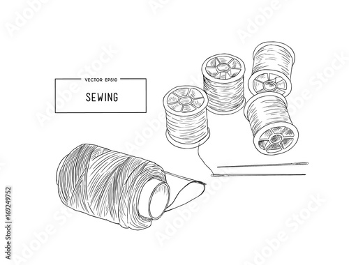 Color set of objects for sewing, sketch tool vector.