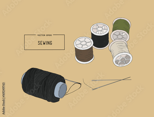 Color set of objects for sewing, sketch tool vector.