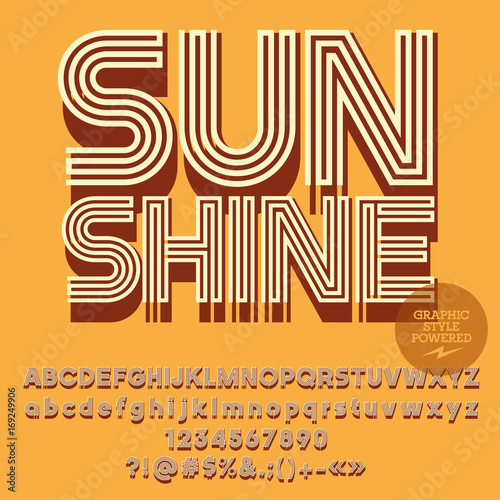 Yellow striped vector alphabet. Graphic font with word Sunshine