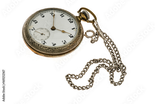 Antique  watch a chain on a white background.