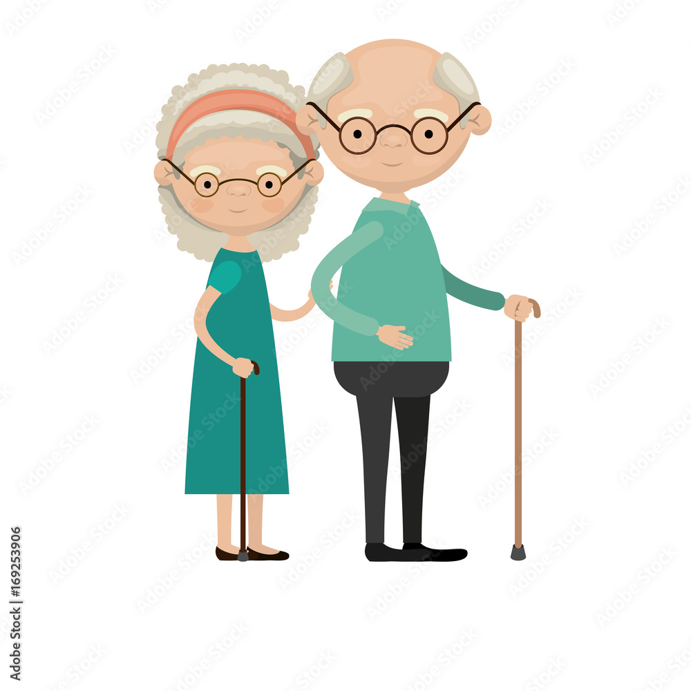 colorful full body elderly couple in walking stick grandmother bow lace and curly hairstyle in dress and grandfather with glasses colorful full body elderly couple in walking stick grandmother bow lace and curly hairstyle in dress and grandfather with glasses