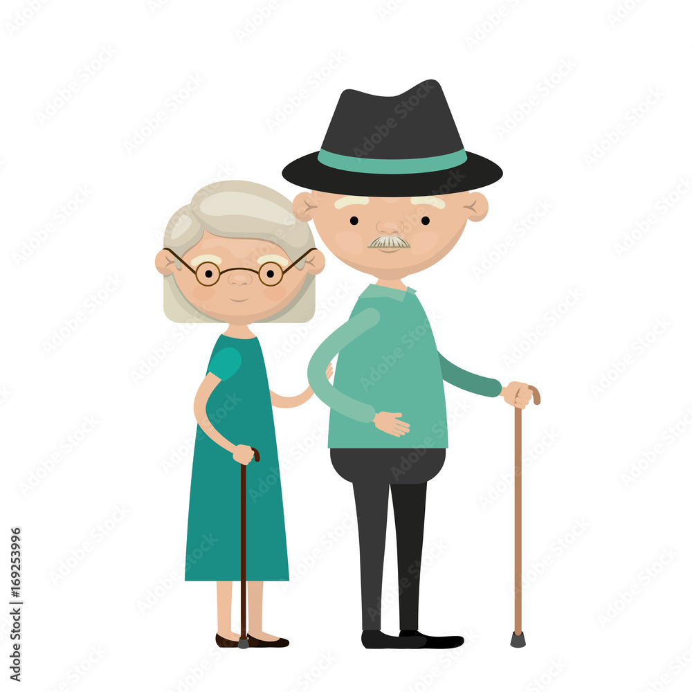 colorful full body elderly couple in walking stick grandmother short hairstyle in dress and grandfather with hat and moustache colorful full body elderly couple in walking stick grandmother short hairstyle in dress and grandfather with hat and moustache