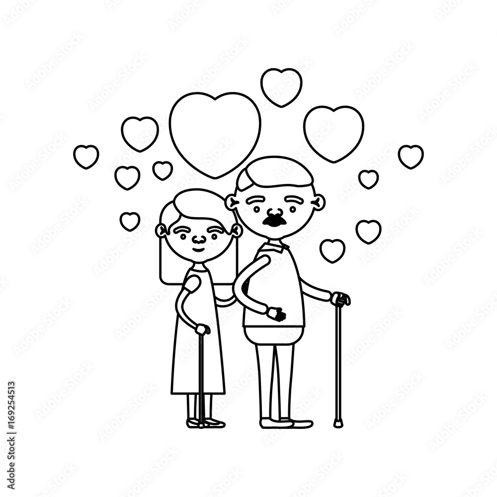 sketch silhouette of caricature full body elderly couple embraced with floating hearts grandfather with moustache in walking stick and grandmother with straight hair sketch silhouette of caricature full body elderly couple embraced with floating hearts grandfather with moustache in walking stick and grandmother with straight hair