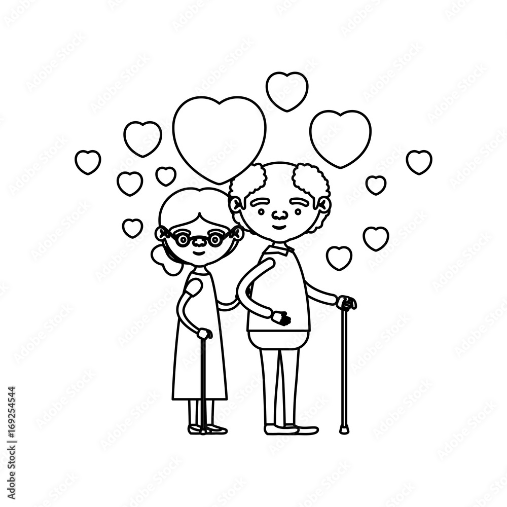 sketch silhouette of caricature full body elderly couple embraced with floating hearts grandfather in walking stick and grandmother with collected hair and glasses sketch silhouette of caricature full body elderly couple embraced with floating hearts grandfather in walking stick and grandmother with collected hair and glasses