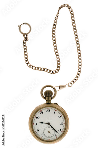 Vintage pocket watch with chain isolated on white background.