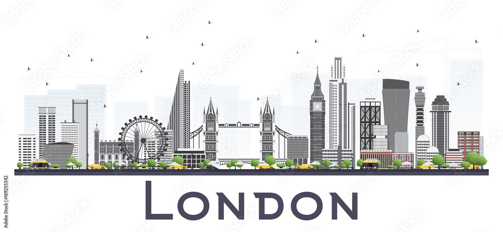 London Skyline with Gray Buildings Isolated on White Background.