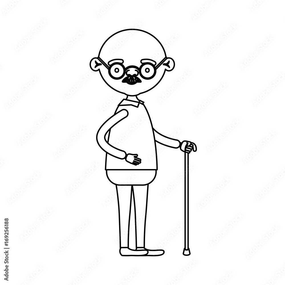 sketch silhouette of full body elderly man in walking stick with moustache and glasses