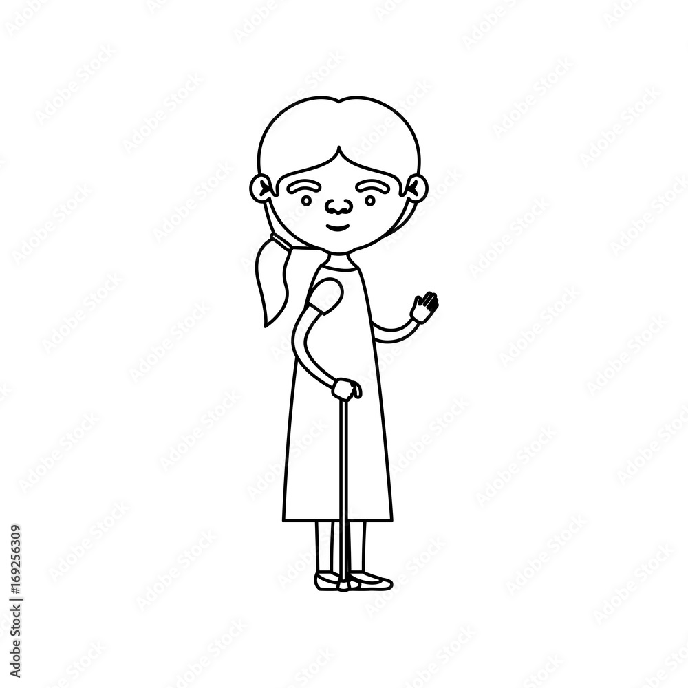 sketch silhouette of full body elderly woman in walking stick with dress and ponytail side hairstyle sketch silhouette of full body elderly woman in walking stick with dress and ponytail side hairstyle
