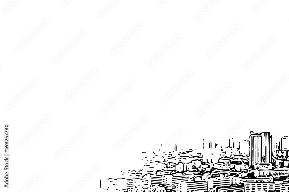 Sketch drawing of cityscape on white background