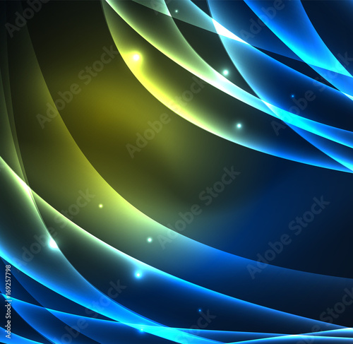 Energy lines, glowing waves in the dark, vector abstract background photo