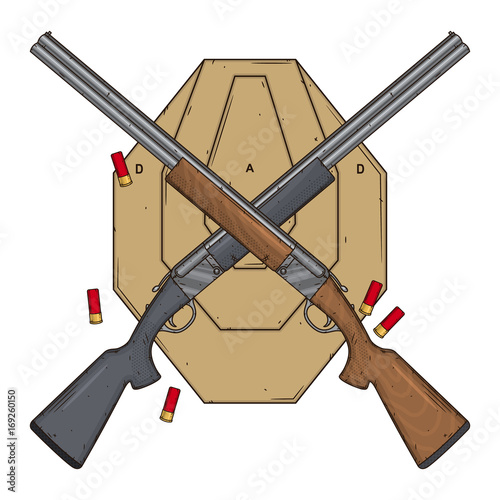 Two crossed shotguns with target and ammo, vector illustration isolated on white background. Hunting gun.