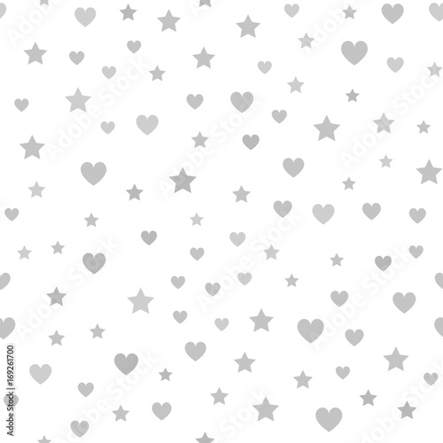 Gray heart, star pattern. Seamless vector chaotic background