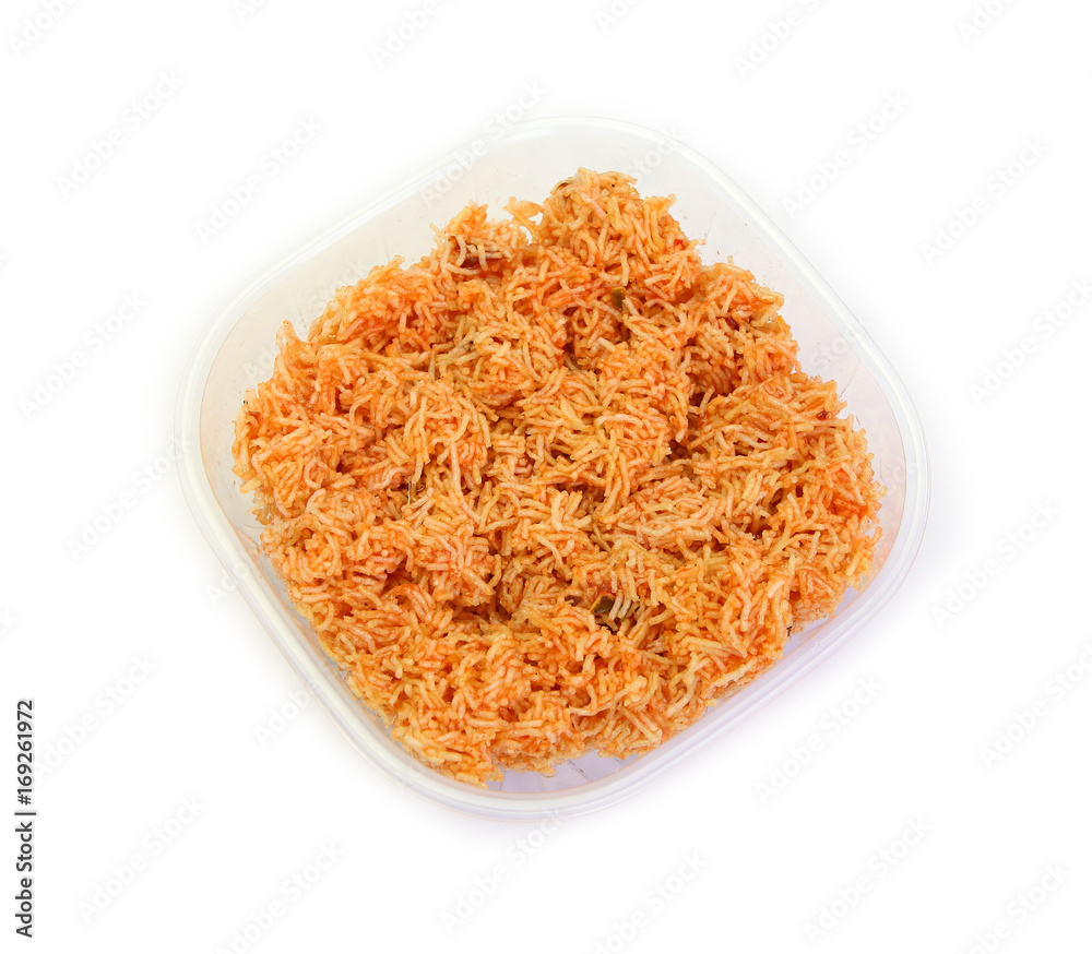 Sweet crispy noodles packed in plastic box isolated on white background. Sweet crispy noodles packed in plastic box isolated on white background.