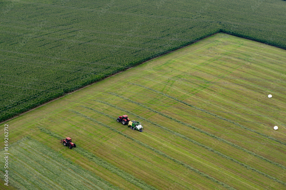 Obraz premium Luftaufnahme - Ernte - Landtechnik - Einfahren der Grassilage mit Traktor und Ladewagen