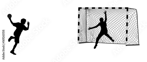 Handball (soccer) goalkeeper silhouette vector. Net isolated. Handball player. Attack shut penalty illustration. Elegant body sport figure shadow. Dynamic athlete man handball player in action.