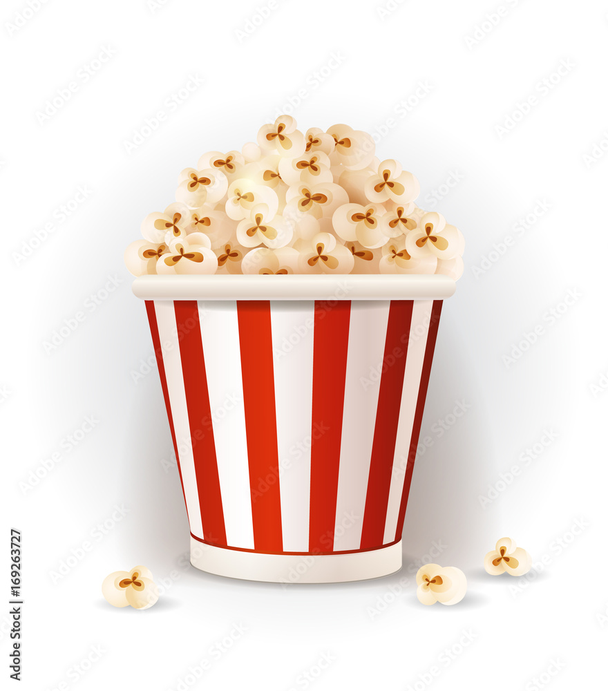 Popcorn in in striped box, isolated on white background, vector illustration Popcorn in in striped box, isolated on white background, vector illustration