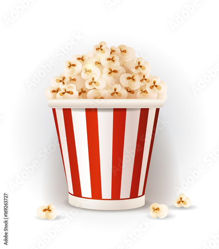 Popcorn in in striped box, isolated on white background, vector illustration