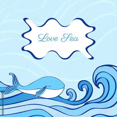 Blue Whale cartoon illustration isolated on decorative wave background, vector graphic colorful doodle animal, Character design for greeting card, children invite, baby shower, creation of alphabet