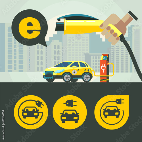 Yellow electric car at a charging station. The background of urban landscape. Set of vector pictograms electric car.