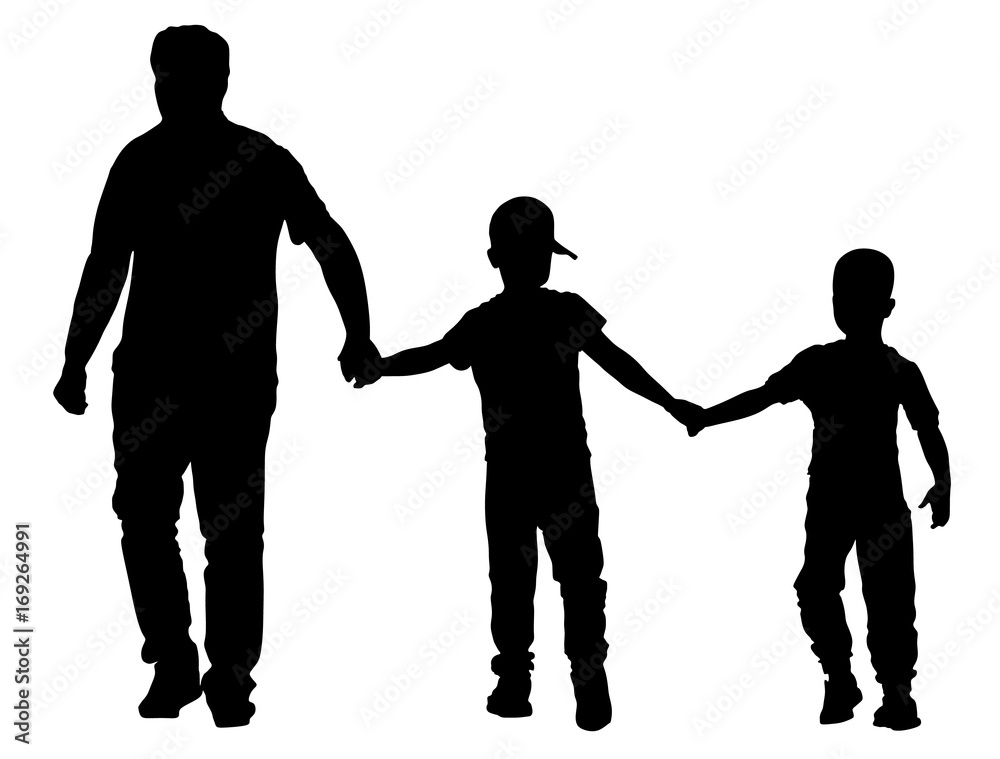 Grandfather and grandsons hold hands and walking. Grandfather Carrying Grandson vector silhouette illustration. Fathers day.