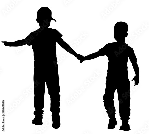 Two brothers holding hands protect vector silhouette illustration. Best friends going to school. Young boys friendship. Kids safe crossing the street. Child helps blind boy to outdoor orientation. 