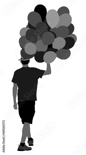 Hipster man with balloons vector silhouette illustration. Boy walking with balloons.Celebration event. Animator on children's birthday with balloons