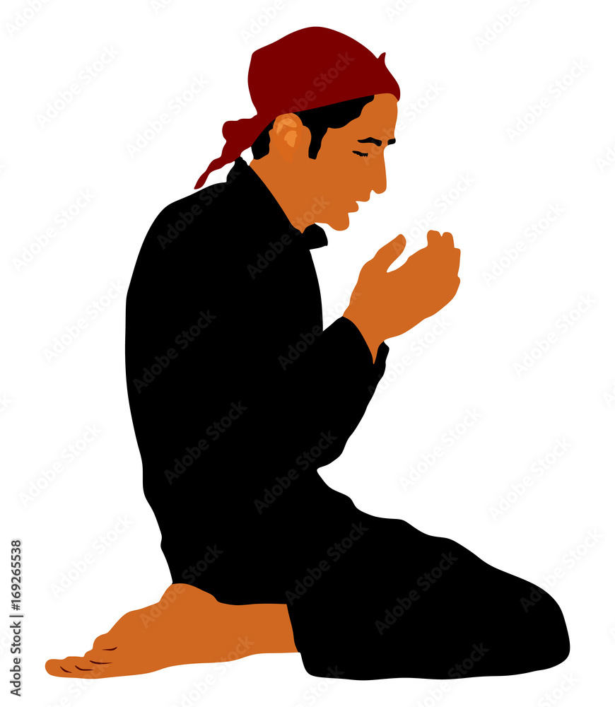 Islamic religion. Pose of muslim man praying vector illustration isolated on white background. Islam religion member prayer.