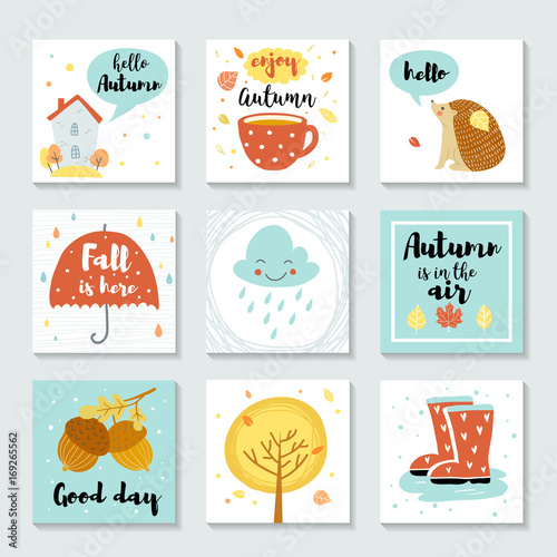 Cute Autumn cards, posters, flyer templates, stickers design set, sale tags. Hand drawn style with calligraphy and season quotes. Vector illustration