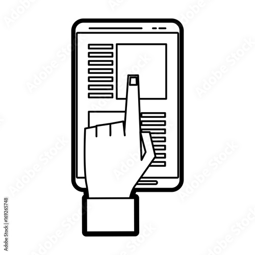 Flat line uncolored  hand  and smarphone  over white background vector illustration