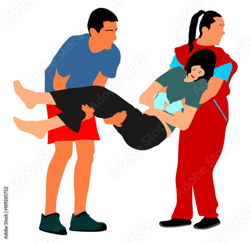 Rescue drowning first aid vector illustration. Patient rescue. Drunk person overdose after party. Sneak attack victim rescue. Cpr rescue team. Victim of fire evacuation. Earthquake rescue.