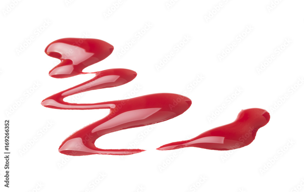 Red nail polish (enamel) drops sample, isolated on white