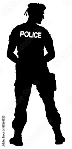 Policeman on duty vector silhouette isolated on white background. Special force police officer SWAT. Antiterrorism commandos. Cop in order illustration.