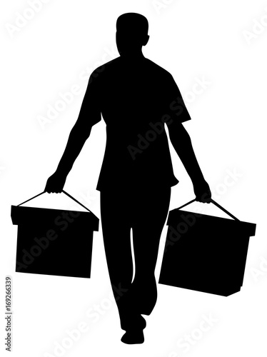 Worker carrying boxes vector silhouette illustration isolated on white background. Moving situation. Transportation by hands.