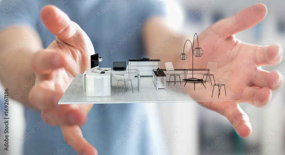 Fototapeta premium Businessman holding white 3D rendering apartment