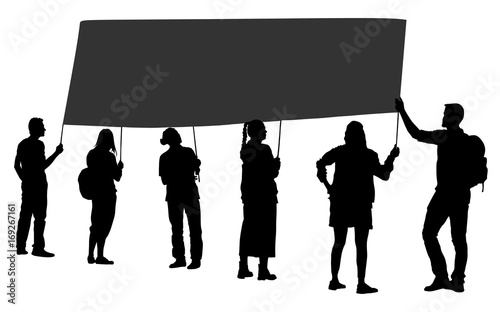 Group of protester vector silhouette illustration. Hand holding sign. Man hand. Empty editable plate isolated. Blank protest sign. Political agitation campaign. Propaganda poster. Agitation campaign.
