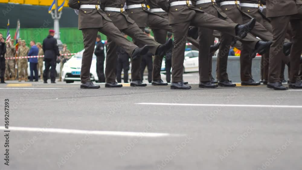 Military parade. Marching troops on the street Military parade. Marching troops on the street
