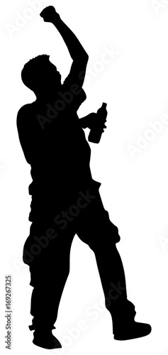 Drunk man with bottle of wine silhouette. Drinking young guy isolated over white background. Happy alcohol boy consumer symbol. Social problem in community. Alcoholism addiction.