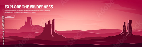 Desert trip header. Extreme tourism and travelling. Back to nature. Sands.Exploring Africa. Horizont line with sky,stars. Mountaines, flying birds.